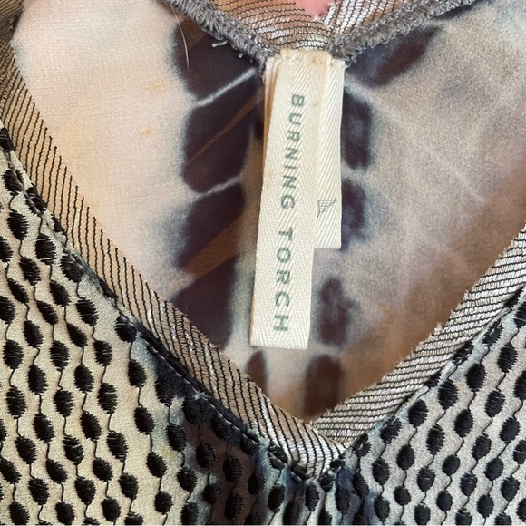 Burning Torch Upcycled Silk Blouse in Tie Dye Indigo on light Gray mesh detail - Picture 12 of 16